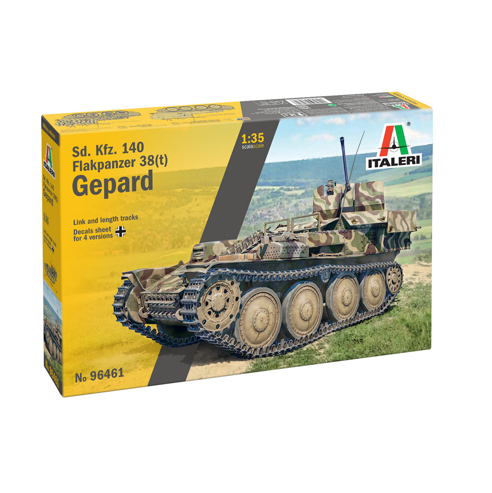 Italeri Sd. Kfz. 140 Flakpanzer 38(t) Gepard. Model tank kit box by Italeri with a tank illustration on a white background