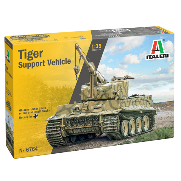 Italeri Tiger Support Vehicle “Bergetiger”. Model tank kit packaging with 'Tiger Support Vehicle' text and Italeri branding.