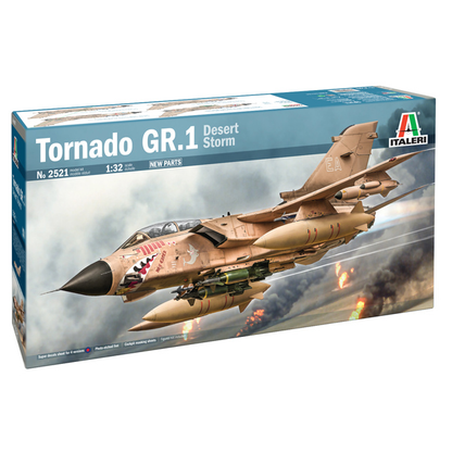 Italeri Tornado GR.1 Desert Storm 1:32 Scale Model Kit. Model kit box for Tornado GR.1 Desert Storm with aircraft illustration on a white background