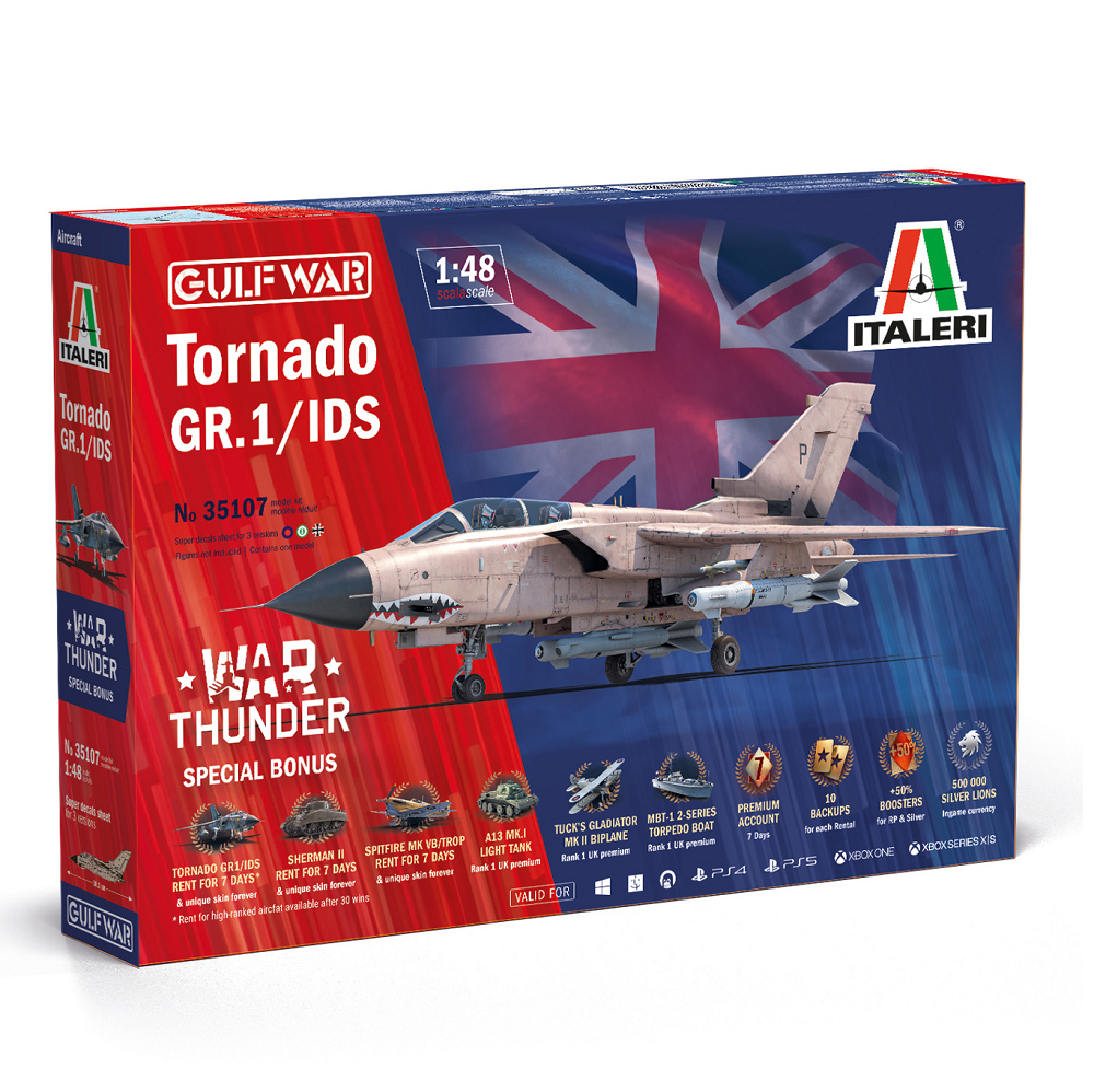 1:48 scale model kit of the tornado GR.1/IDS gulf war, approximately 38.1cm, featuring decals for three versions, designed for assembly, and unpainted plastic parts.