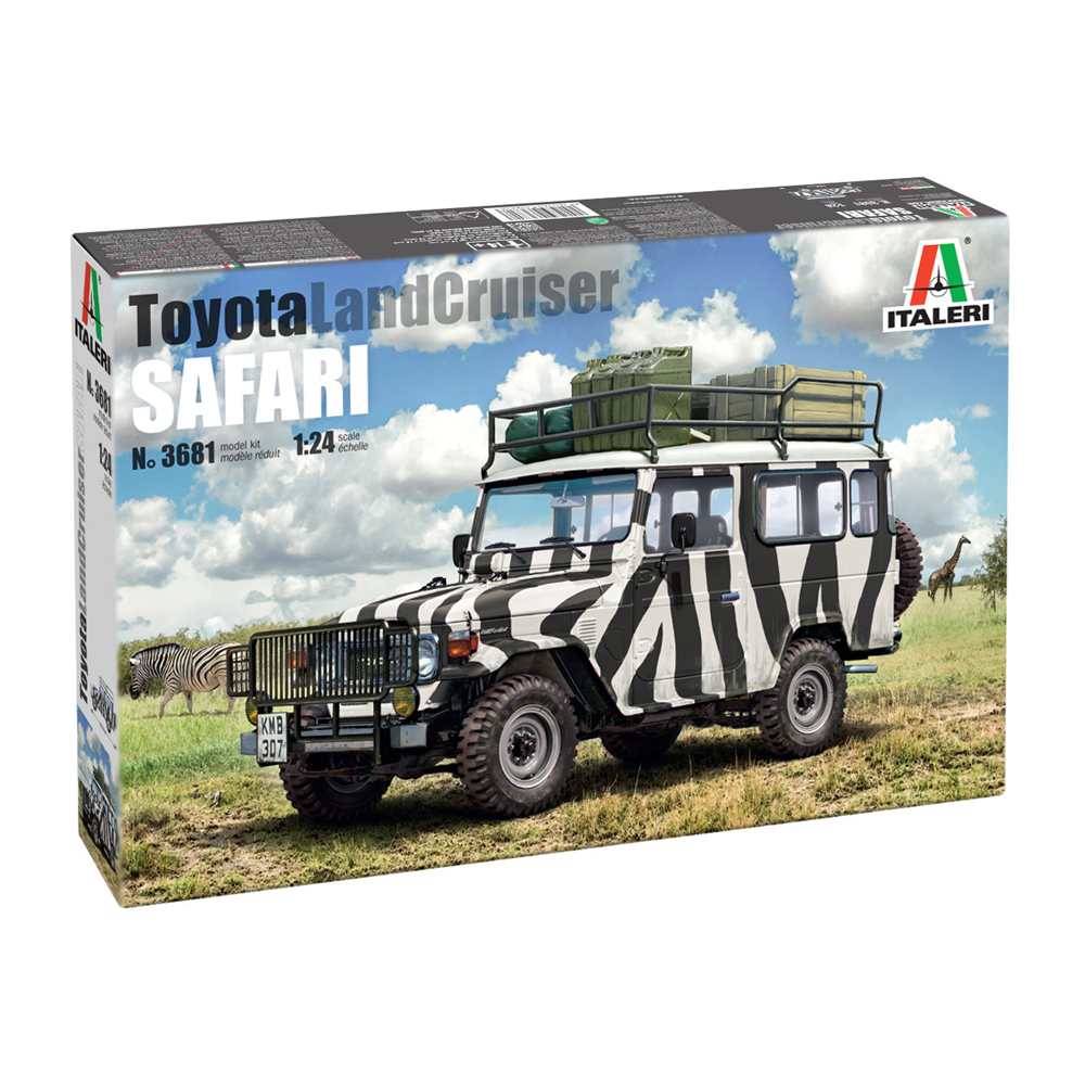 Italeri 1:24 Toyota Land Cruiser Safari Model Kit. Model kit box for a Toyota Land Cruiser Safari with zebra pattern, featuring Italeri branding.