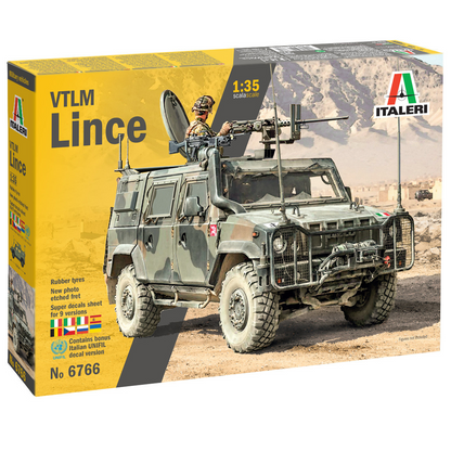Model kit box for Italeri VTLM Lince military vehicle on a desert background. Italeri VTLM Lince 1:35 Scale Military Vehicle Model Kit
