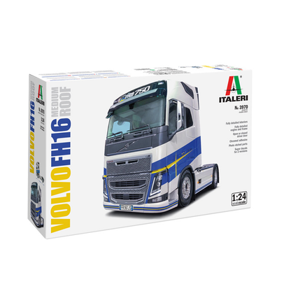 Italeri Volvo FH16 Medium Roof. Model truck kit box for Volvo FH16 with Italeri branding on a white background