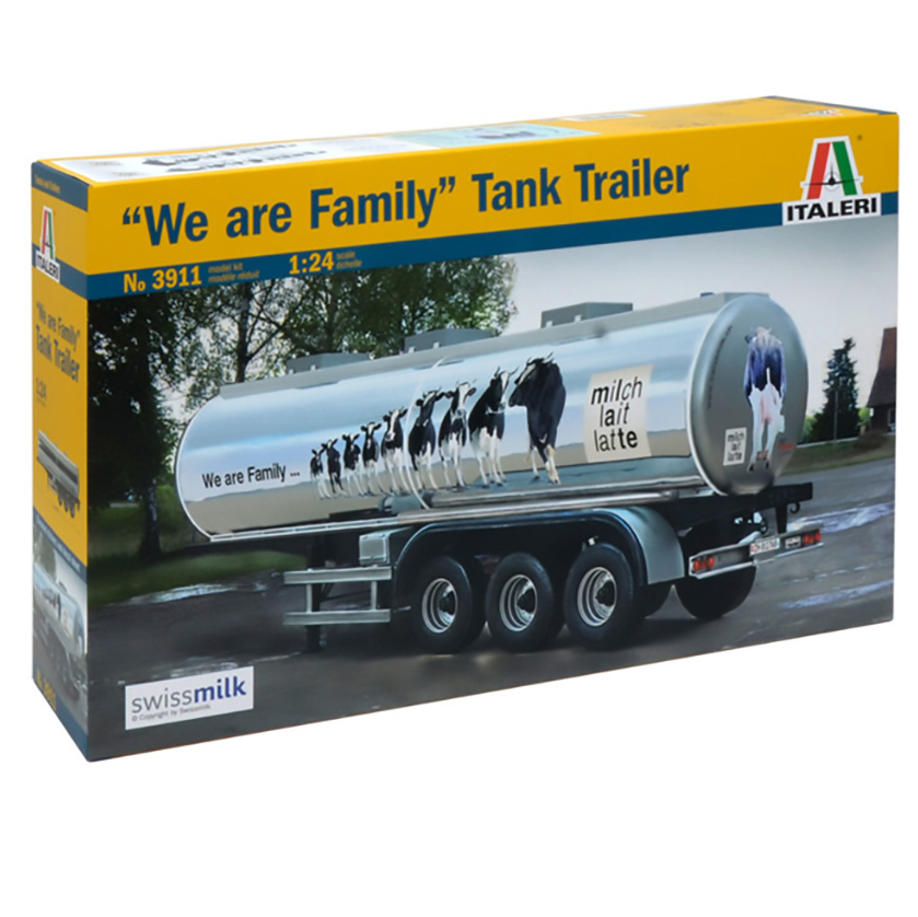 Italeri "We Are Family" Tank Trailer Model Kit 3911 features a detailed plastic model of a heavy tank trailer, designed for transporting milk with advanced brake systems and safety barriers.