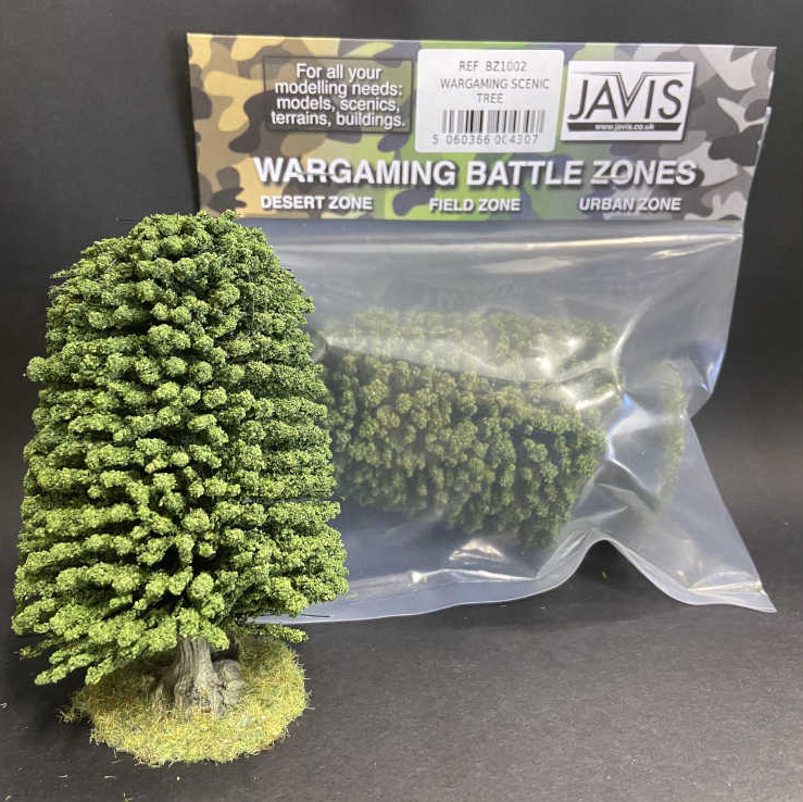 Model trees with Javis packaging on a dark background. Javis Wargaming Single Tree Scenery Piece 12cm