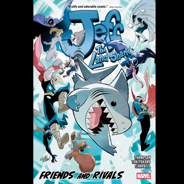 Comic book cover featuring a shark character and various characters with the title 'Jeff the Land Shark'. Jeff the Land Shark Friends and Rivals Marvel graphic novel paperback for ages 7 and up