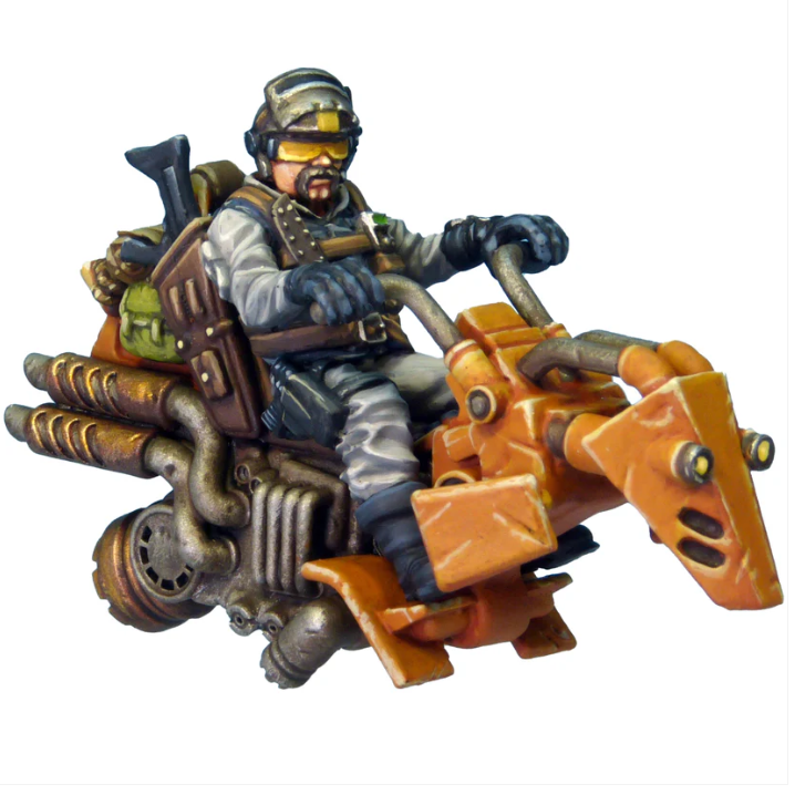The Jet Bike 1 miniature features a retro design in a dynamic pose, supplied unpainted with a perspex flying base, perfect for showcasing its detailed resin sculpting.