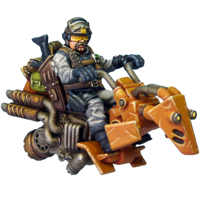 The Jet Bike 1 miniature features a retro design in a dynamic pose, supplied unpainted with a perspex flying base, perfect for showcasing its detailed resin sculpting.