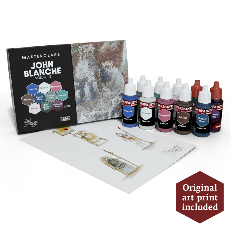 John Blanche Masterclass Vol 3. John Blanche Masterclass painting kit with paint bottles and art print on a white background