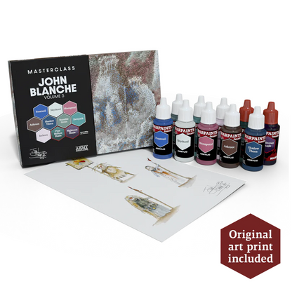 John Blanche Masterclass Vol 3. John Blanche Masterclass painting kit with paint bottles and art print on a white background