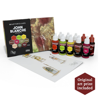John Blanche Masterclass Vol4. Art supply set with John Blanche Masterclass book, paint bottles, and an original art print on a white background.