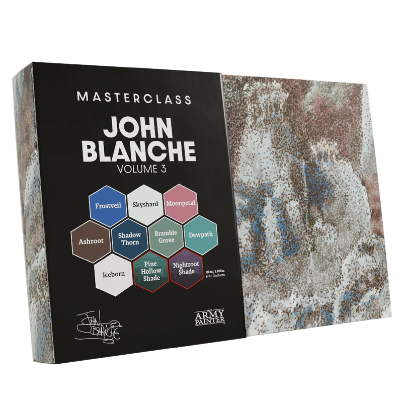 The Army Painter Warpaints Fanatic John Blanche Masterclass Vol 3 10 colour miniature paint set. John Blanche Masterclass Volume 3 art supply set packaging with colour swatches.