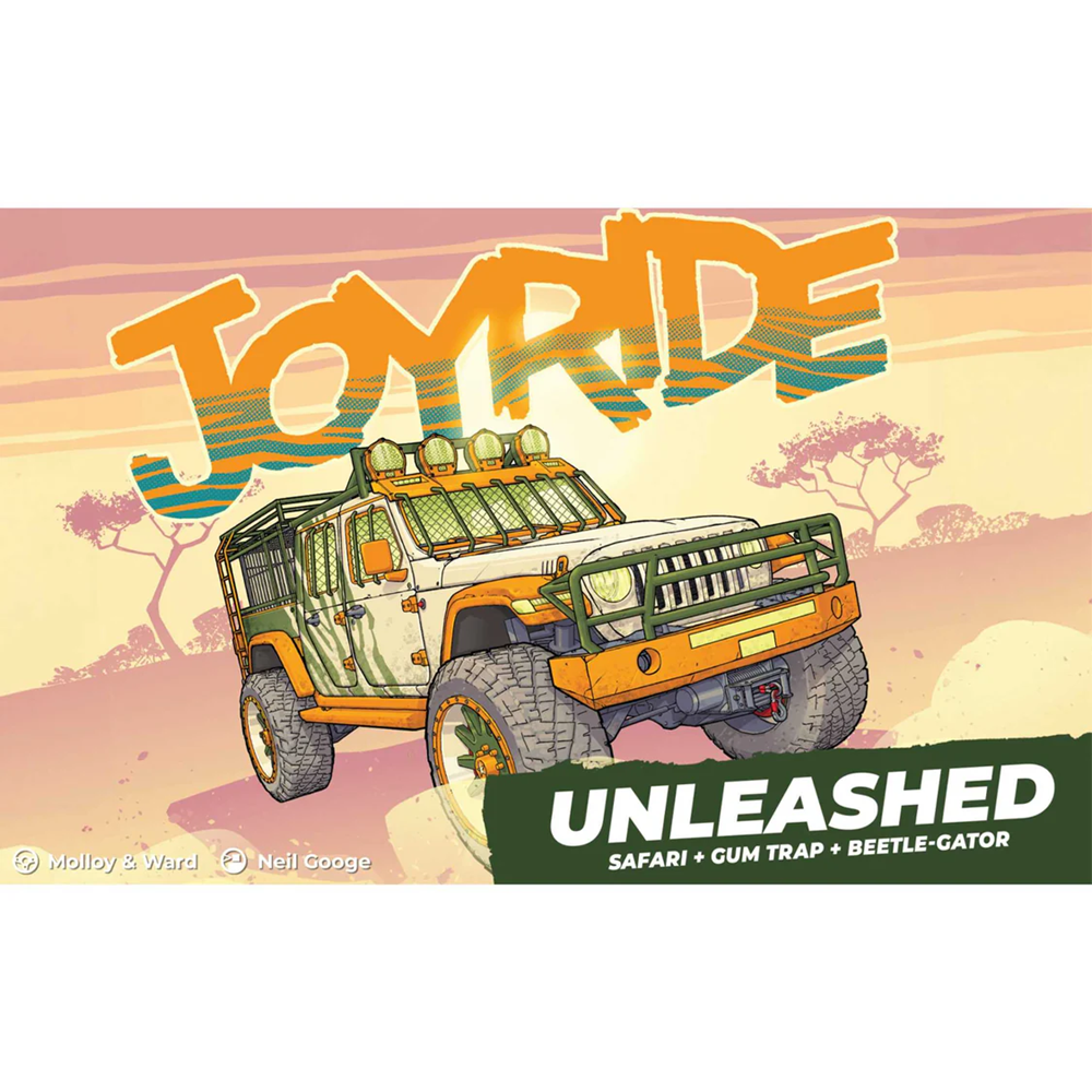 drawn vehicle with 'Joyride' branding against a desert landscape background