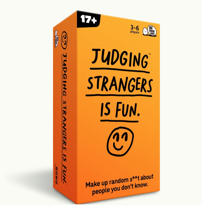 Bright orange game box for 'Judging Strangers Is Fun.' with black text and a simple smiley face illustration, shown on a clean off-white background. Judging Strangers Is Fun  Adult Party Game