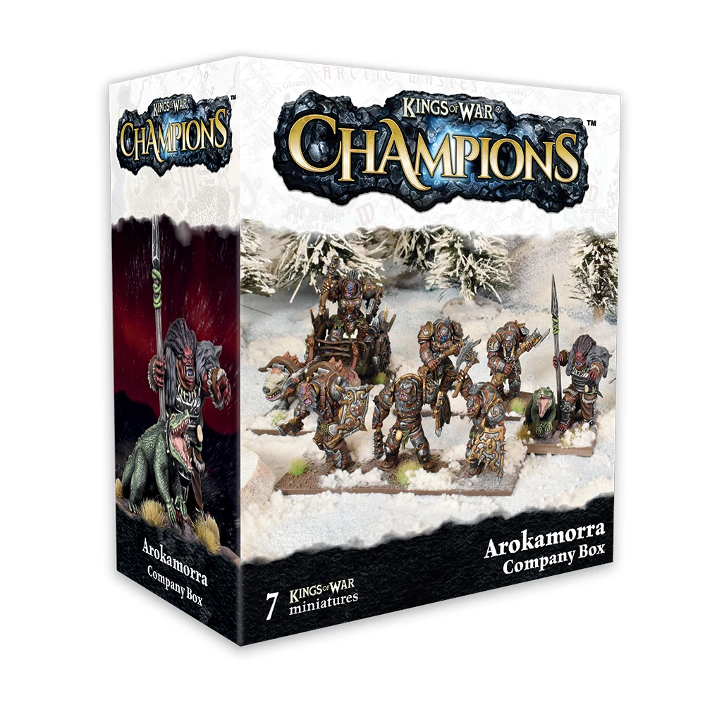 Kings of War Champions Arokamorra Company Box packaging with miniatures on a snowy background