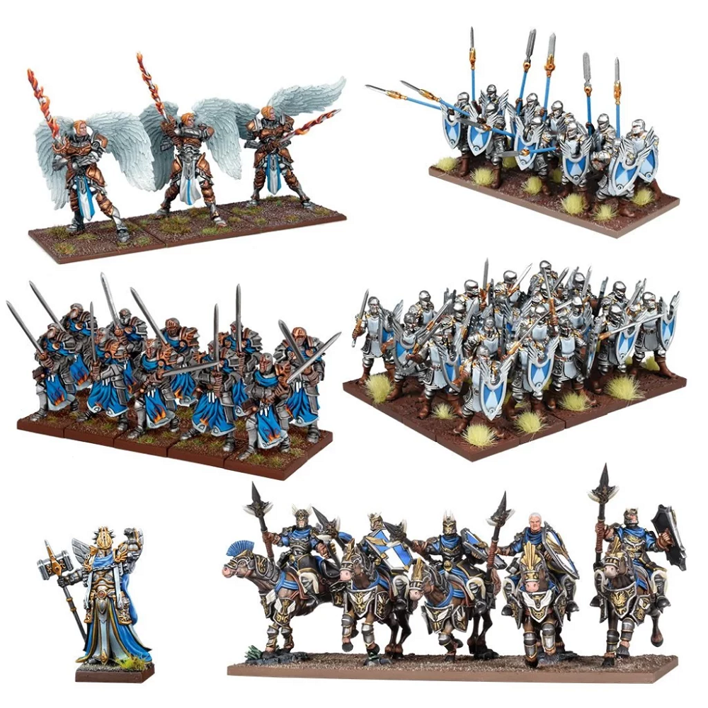 Command the divine Basilean Army in Kings of War! This set contains 49 unpainted miniatures, including Paladins, Elohi, and Men-At-Arms.