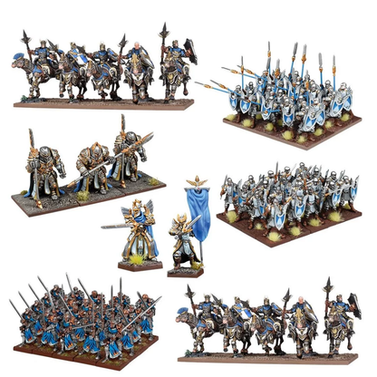 Dominate with the Basilean Mega Army in Kings of War! This set includes 75 unpainted miniatures, including Paladins, Knights, and Ogre Palace Guards.