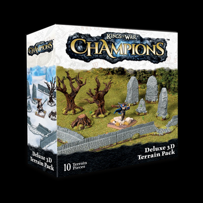 The Champions Deluxe 3D Terrain Pack includes 10 unpainted, high-quality terrain pieces designed to enrich and enliven your gaming sessions.