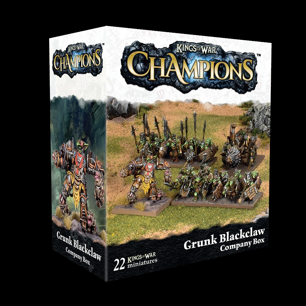 Grunk Blackclaw Company Box by Mantic Games includes 22 goblin miniatures for Kings of War Champions, featuring a hero, mincer, and assembly guide.
