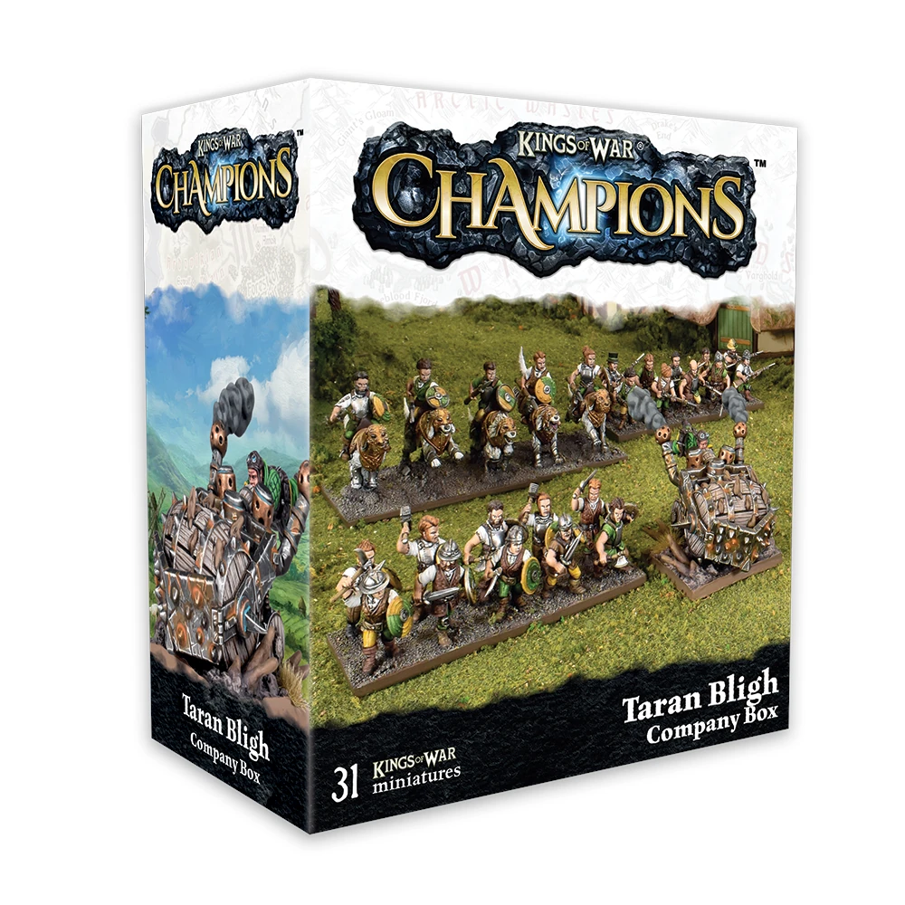 Kings of War Champions Taran Bligh Company Box packaging with miniature figures on a grassy field.