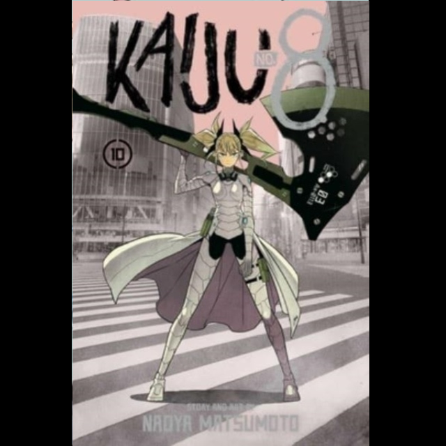 Kaiju No. 8, Vol. 10 by Naoya Matsumoto. Manga book cover with a character in a cityscape background