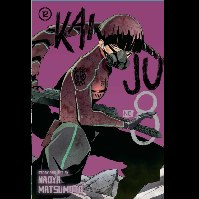 Comic book cover with a character wearing a gas mask on a pink background. Kaiju No. 8, Vol. 12 | Manga Graphic Novel