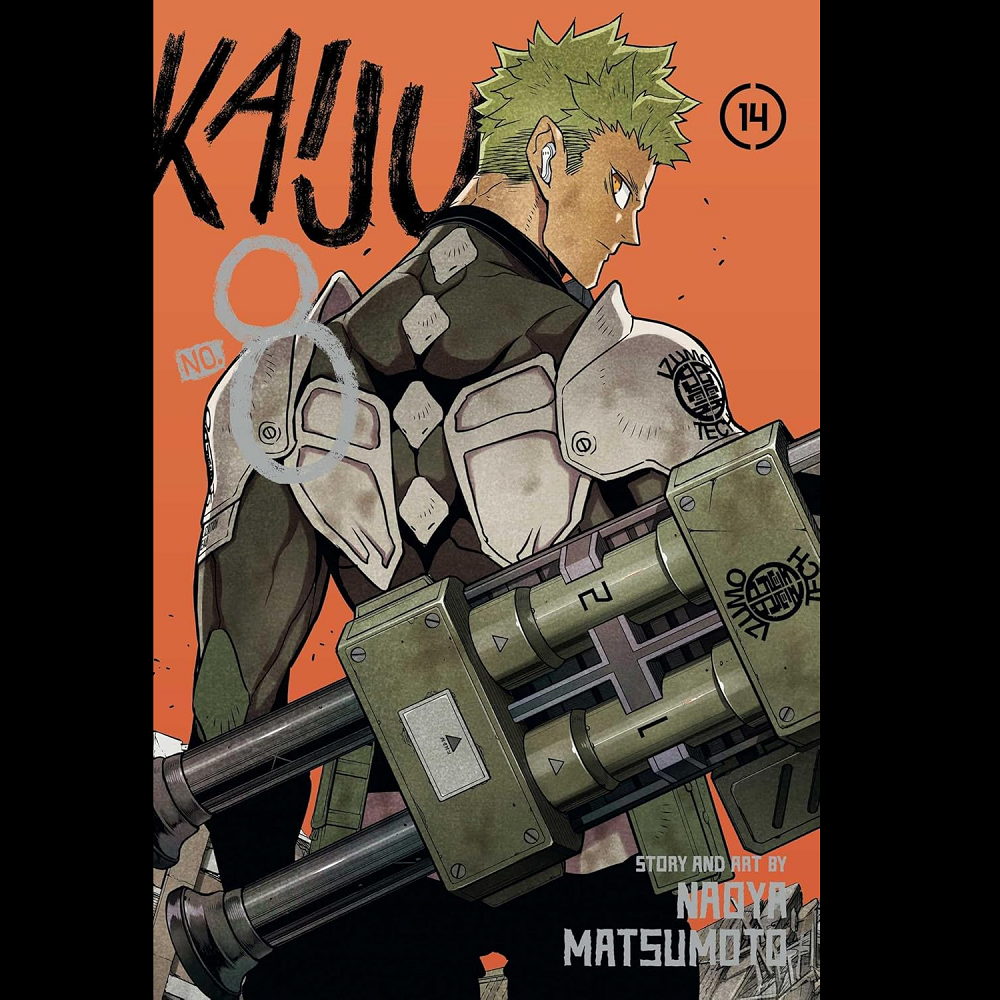 Kaiju No. 8 Vol. 14. Comic book cover with a character in armour and weapon, featuring the title 'Kaiju' and artist's name.