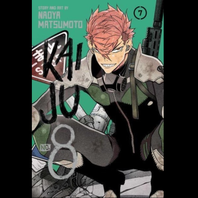 Kaiju No. 8, Vol. 7 by Naoya Matsumoto. Comic book cover with a character in a fighting stance and text indicating 'Kaiju' and artist's name.