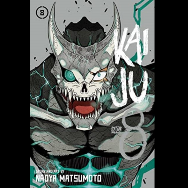 Illustration of a monstrous creature with sharp teeth and horns, featuring the text 'Kaiju' and 'Naoya Matsumoto'. Kaiju No. 8, Vol. 8 | Manga Graphic Novel
