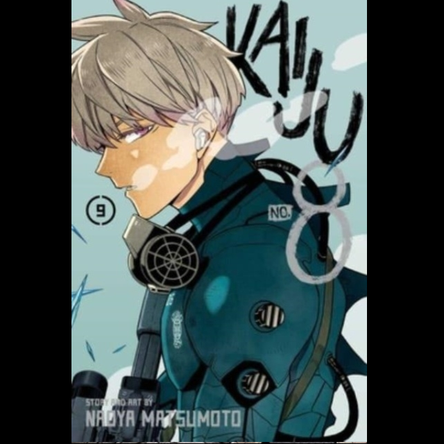 Kaiju No. 8, Vol. 9 by Naoya Matsumoto. Anime character in a gas mask with 'Kaiju' text on a blue background