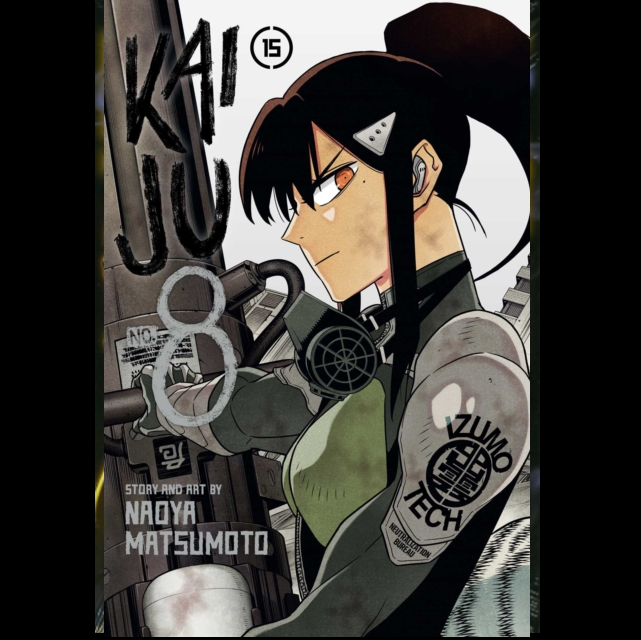 Comic book cover with an anime-style character holding a gun, featuring the title 'Kaiju 8' and artist's name.