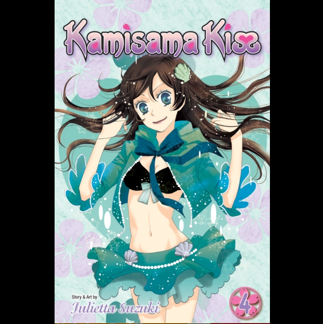Illustrated cover art for 'Kamisama Kiss' Volume 4, featuring the anime character Yui Shishiro in a teal and black sailor fuku outfit against a pastel floral background. The title 'Kamisama Kiss' is displayed at the top, and the creator credit 'Julietta Szentki' appears at the bottom left. Kamisama Kiss, Vol.4