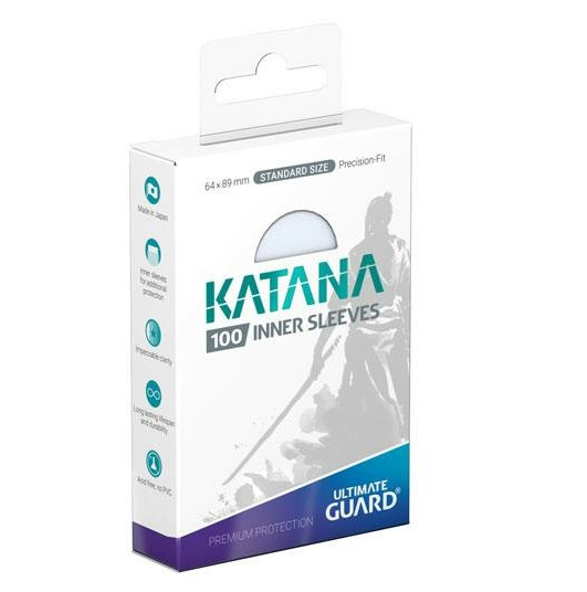 Katana 100 inner sleeves packaging box, size 64 x 89 mm, featuring a white and blue design with a silhouette of a martial artist. Katana Standard Size Transparent Inner Card Sleeves 100 Pack