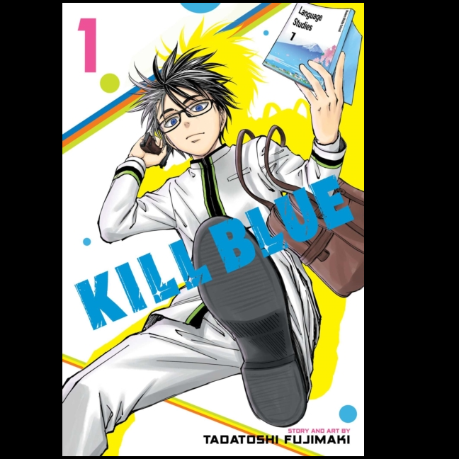 Kill Blue, Vol. 1 – Manga by Tadatoshi Fujimaki. Manga book cover of 'Kill Blue' with an animated character holding a book.