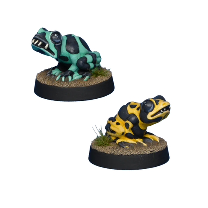 Killer Frogs by Crooked Dice, a pack of two resin miniatures for your tabletop games representing frogs like the type that occupy rainforests and can be highly toxic