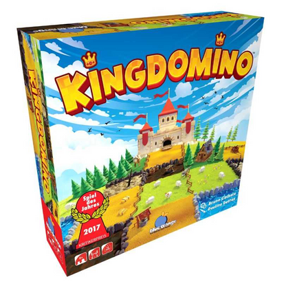 Kingdomino board game box with colorful design and castle illustration