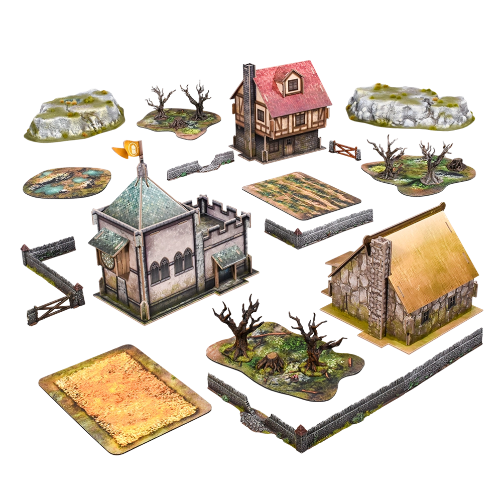 Collection of miniature buildings and landscapes on a white background. Kings of War Fantasy Battlefield Pack