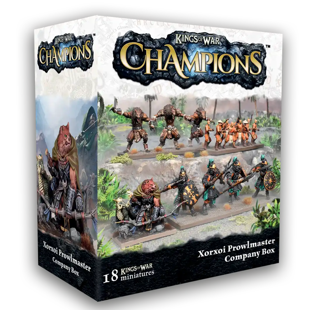 Kings of War Champions Xorxoi Prowlmaster Company Box packaging with miniatures on a white background. Kings of War Xorxoi Prowlmaster Company Box Kings of War Champions resin Xorxoi Plainstalker and hard plastic Hemicyon miniatures set