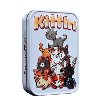 Tin box with cartoon cats and 'Kittin' text on a white background