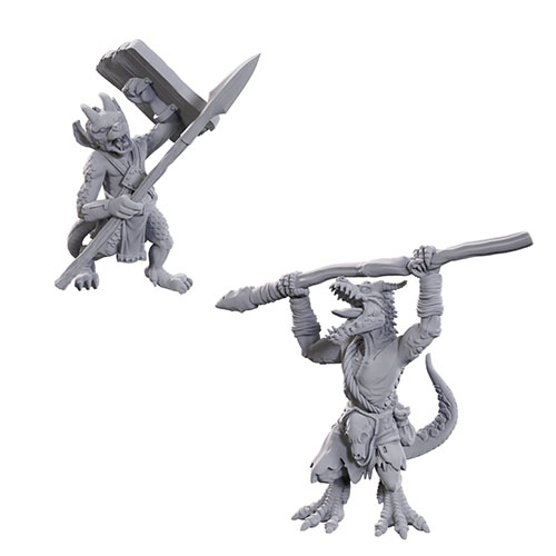 Two 25mm unpainted D&D Nolzur's Marvelous Miniatures 50th Anniversary Kobolds figures, featuring dynamic poses and weapons. Supplied unassembled and unpainted.