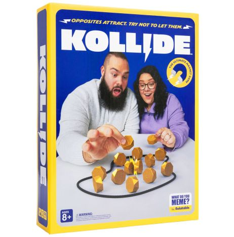 Kollide board game box featuring a blue and yellow design with a photo of two people playing on the front, set against a plain white background. Kollide magnetic strategy party game with magnets and boundary rope