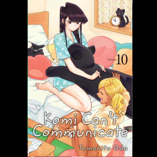 Manga book cover of 'Komi Can't Communicate' with two characters and a cat. Komi Can’t Communicate Volume 10 paperback manga by Tomohito Oda Shonen Sunday graphic novel cover art