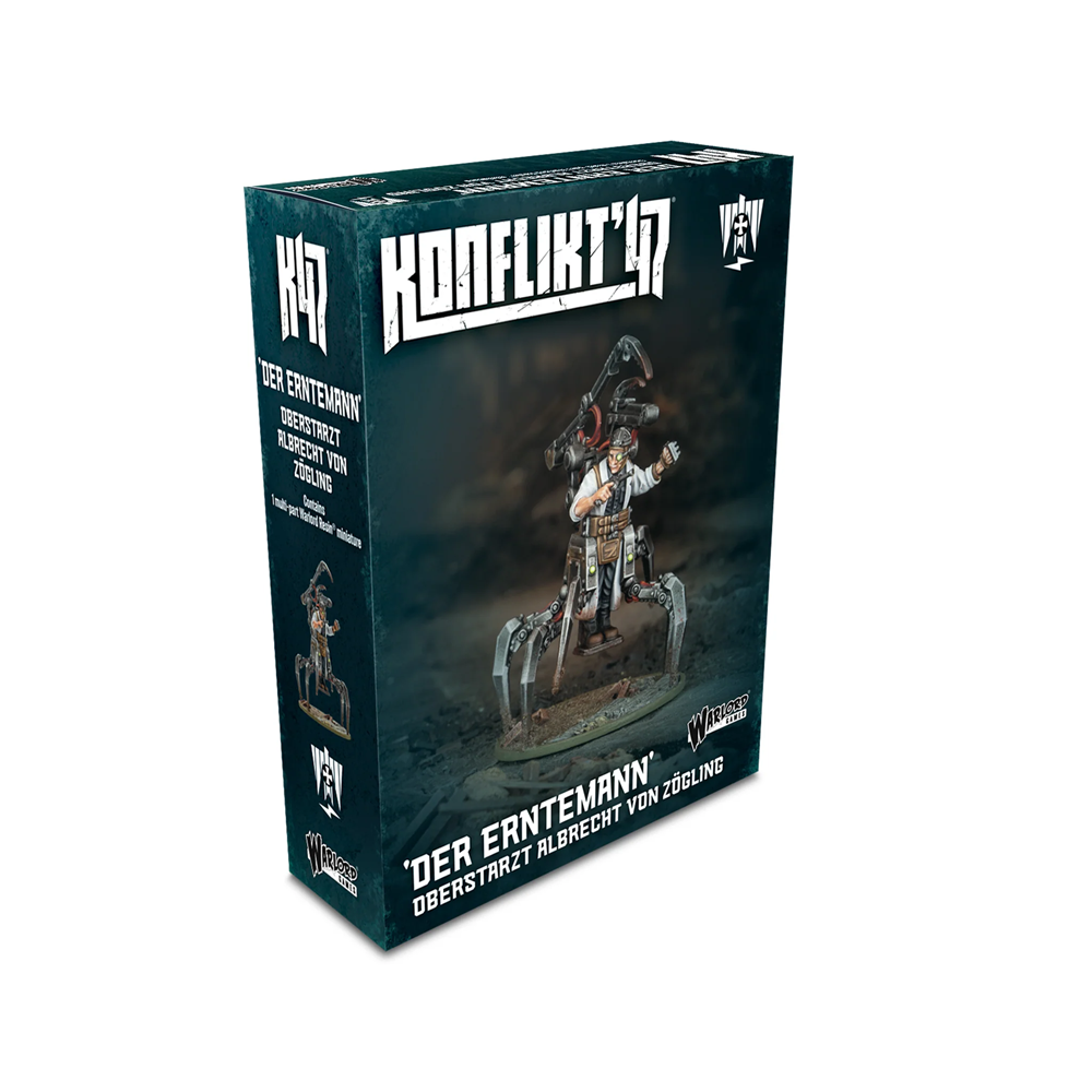 Konflint 'R game box with a figurine on a white background. 
Konflikt 47 Der Erntemann Oberstarzt Albrecht von Zogling 28mm Warlord Resin miniature