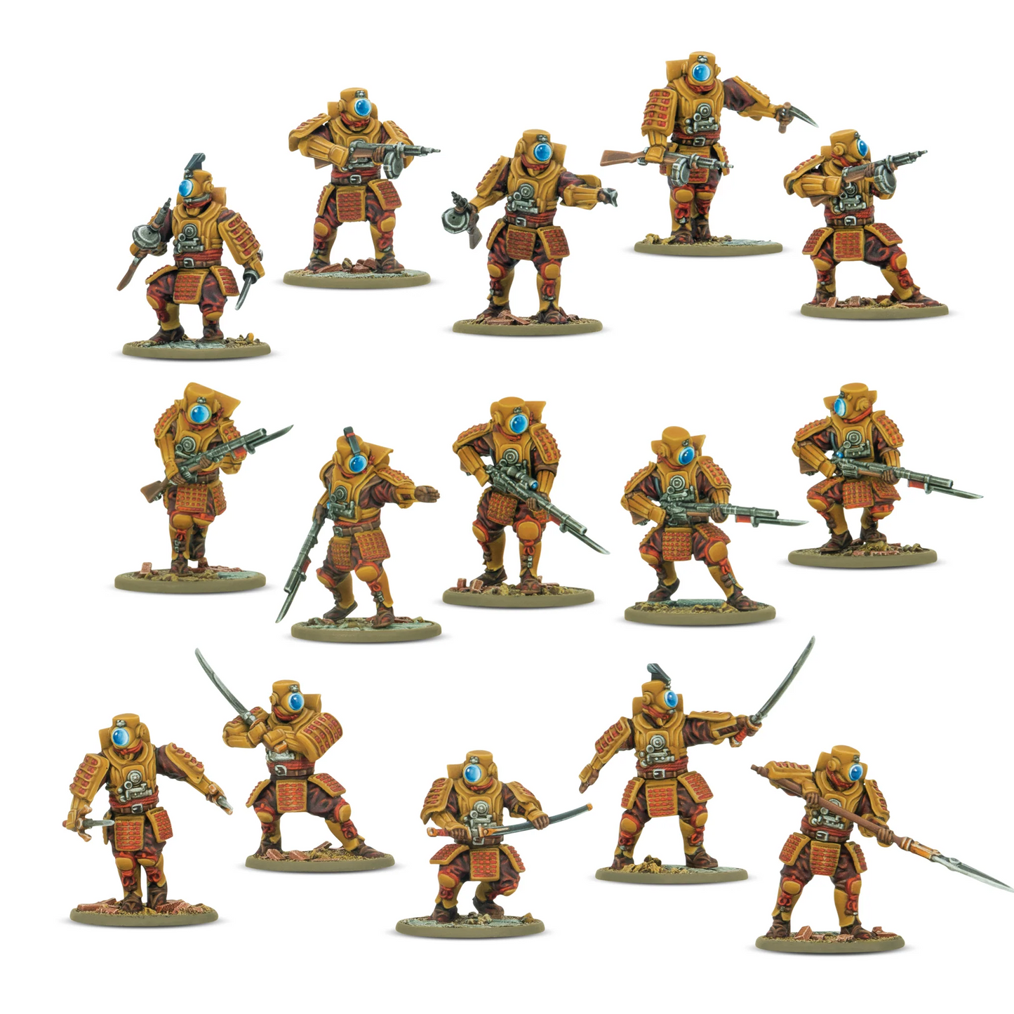 Twelve painted fantasy miniature figures in orange and brown armor with blue visors, shown in multiple weapon poses on round bases against a plain white background. Konflikt '47 Empire of Japan Ghost Attack Infantry 15 28mm plastic miniatures