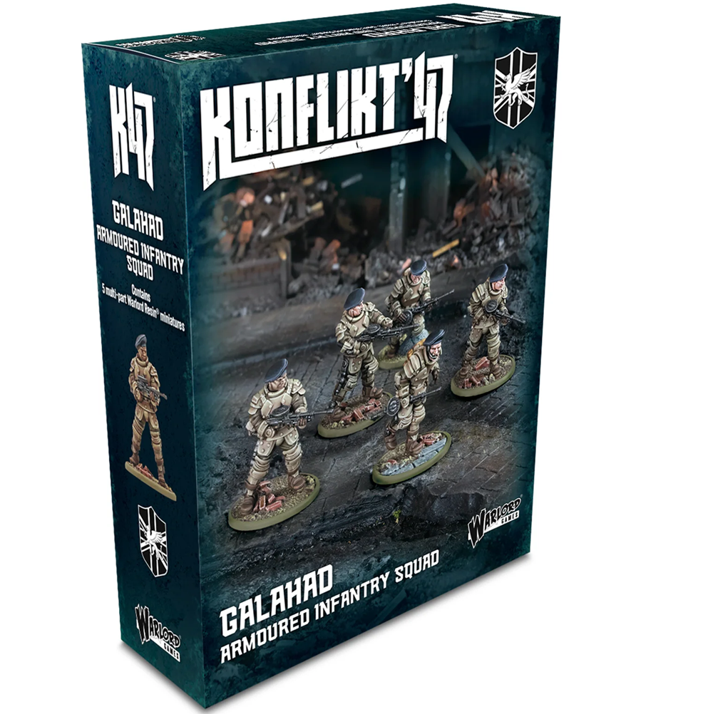 Konflikt'97 Galahad Armoured Infantry Squad game box with miniature figures on a white background