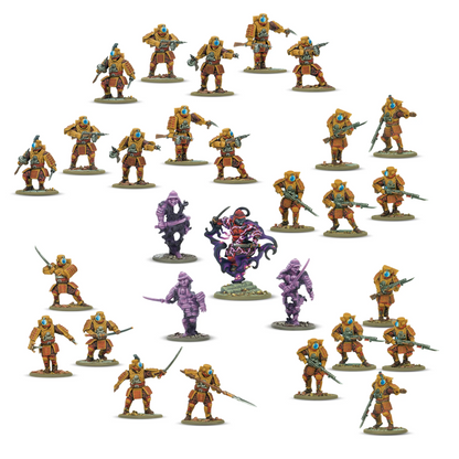 Collection of miniature figurines on a white background Konflikt '47 Ghost Infiltration Platoon 28mm plastic miniatures Kimura Tadaaki
