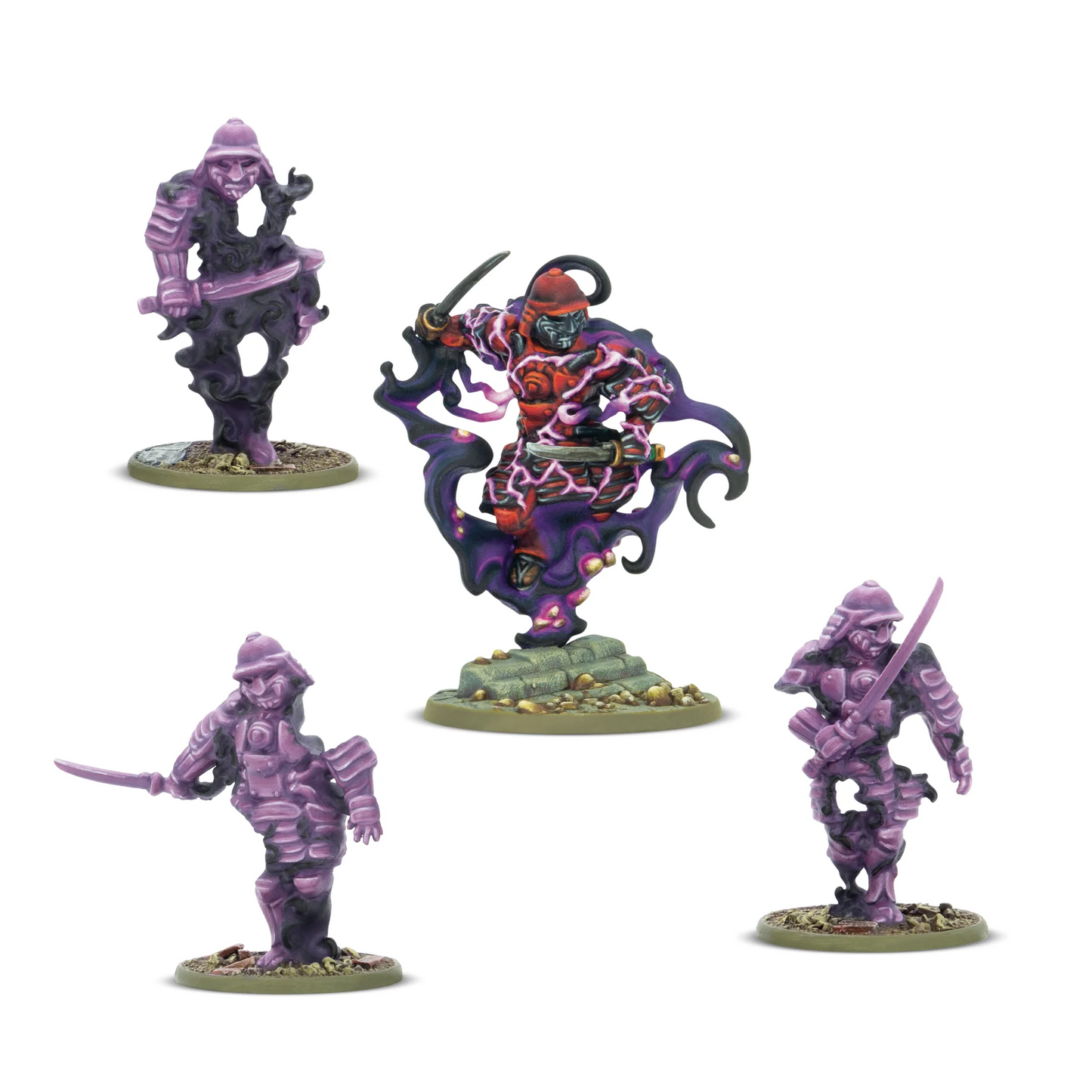 Four painted fantasy miniatures on round bases against a plain white background. The set includes a central warrior in red armour with purple energy effects, and three surrounding figures in purple robes holding swords. Konflikt '47 Kimura Tadaaki Scourge of the Spirit Realm 28mm plastic miniatures