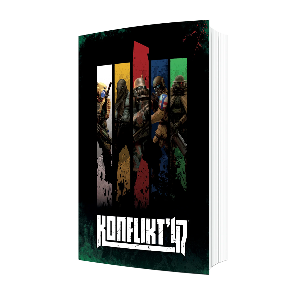 Konflikt ’47 Mini Rulebook Paperback. Book cover with soldiers and colourful splashes on a black background, featuring the title 'Konflikt'.