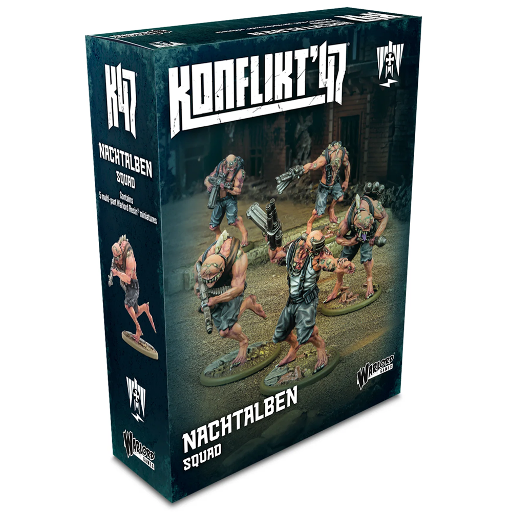 Konflikt ’47 Nachtalben Squad. Konflikt'97 game box with painted miniature figures on a white background