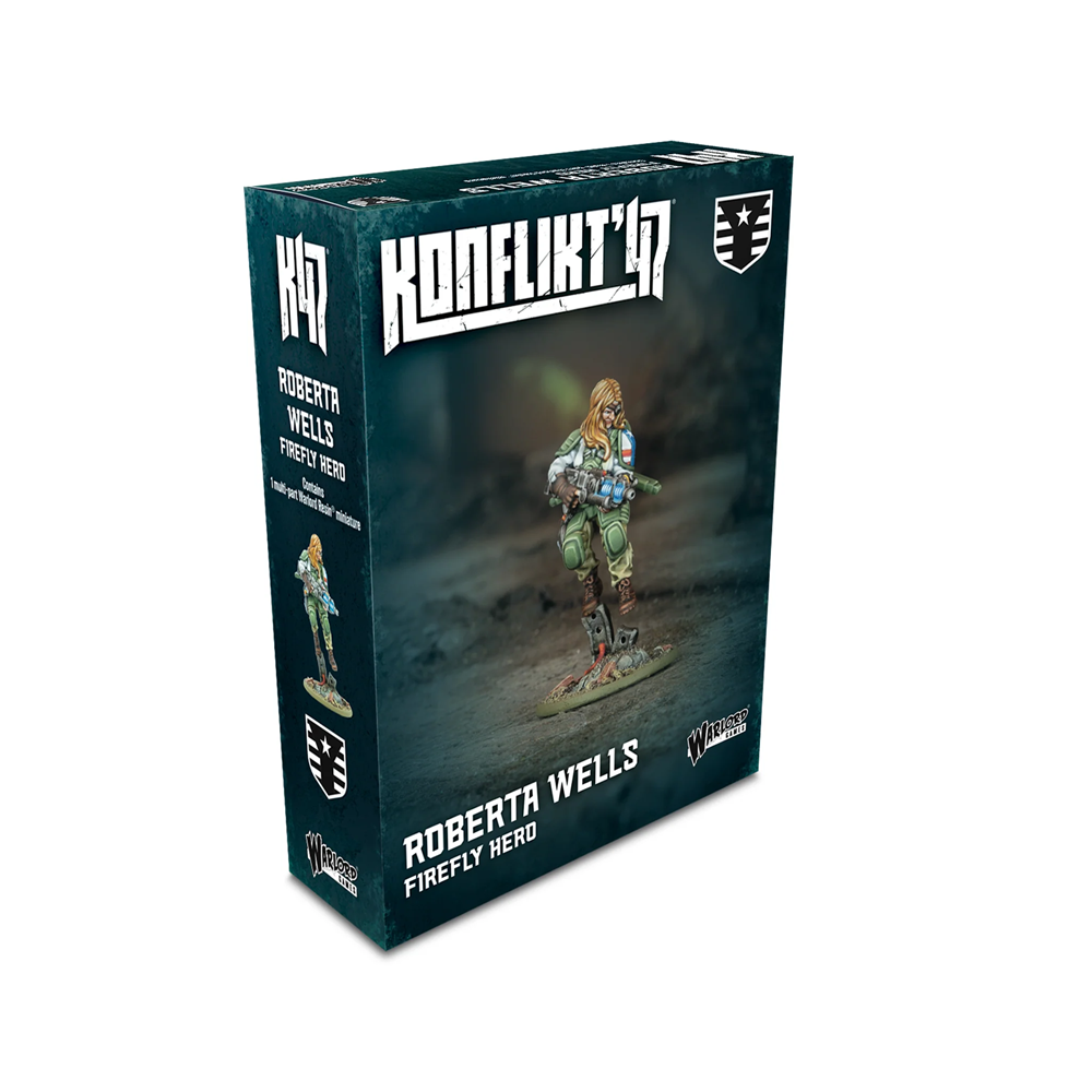 KONFLIKT! game box with a miniature figure of Roberta Wells on a white background. Konflikt 47 Roberta Wells Firefly Hero 28mm Warlord Resin miniature unpainted